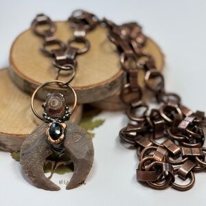 Necklace - Agate Moon Shape Crystal Pendant on a  36”  Round Copper Link Chain